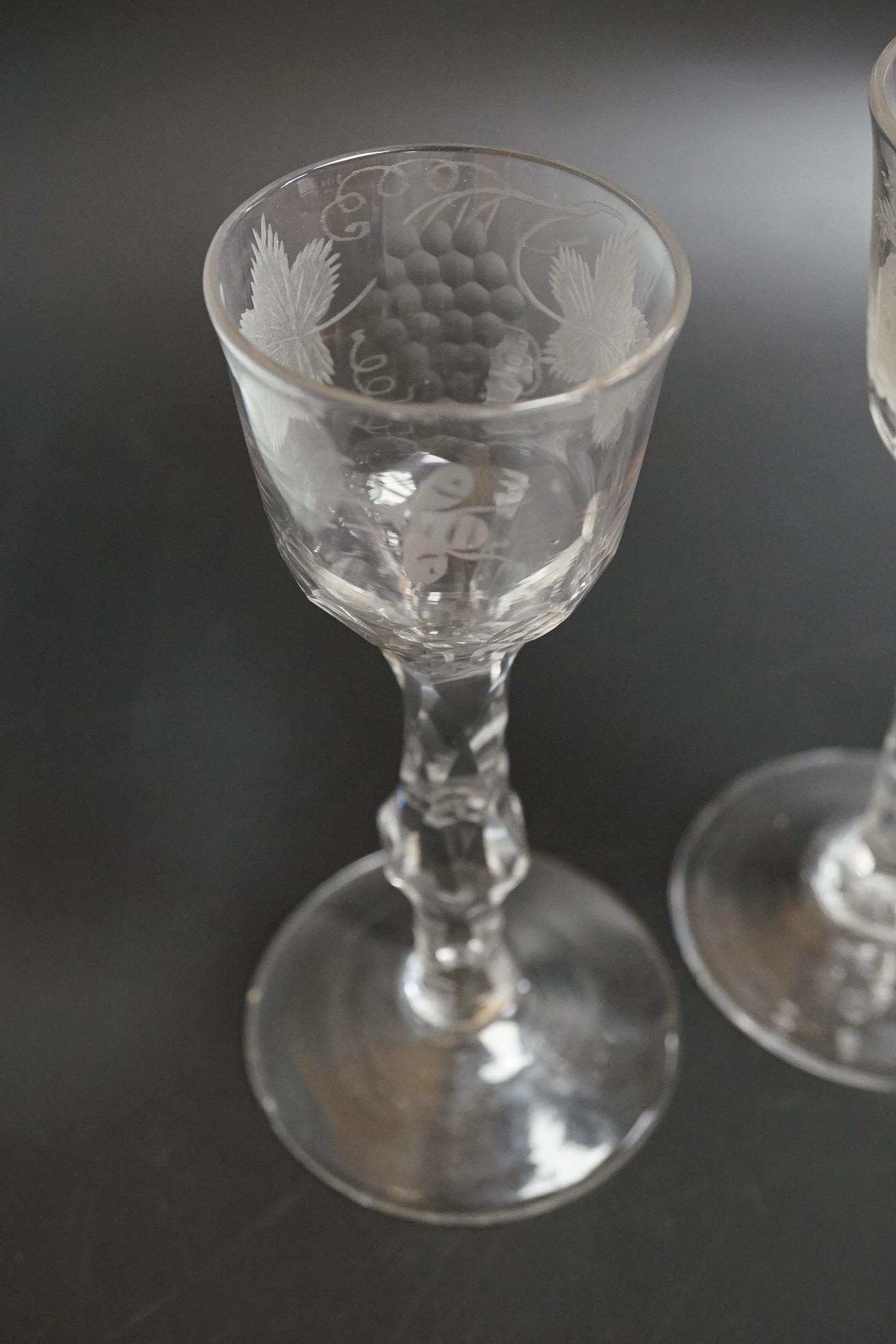 Two faceted wine glasses, c.1780, both with engraved bowls, tallest 15.5cm